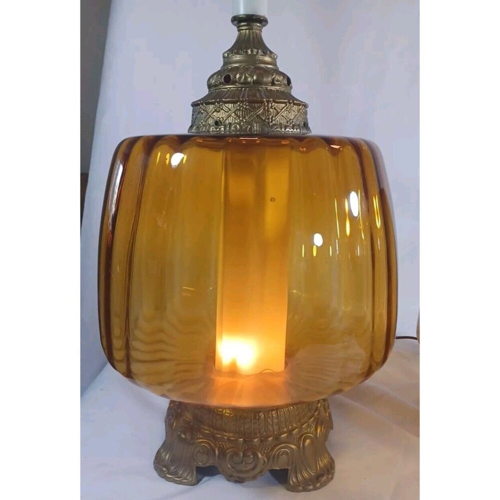 MUST BUY BOTH Vintage Mid Century Hollywood Regency Amber Glass Globe Table Lamp - Picture 7 of 16